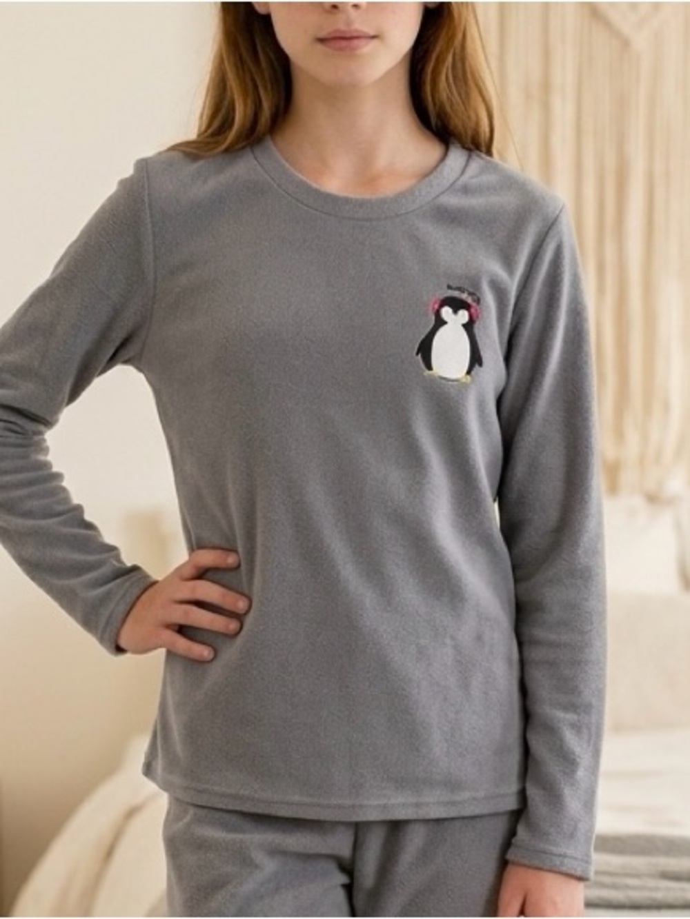 Youth Grey Penguin Fleece Pajama top